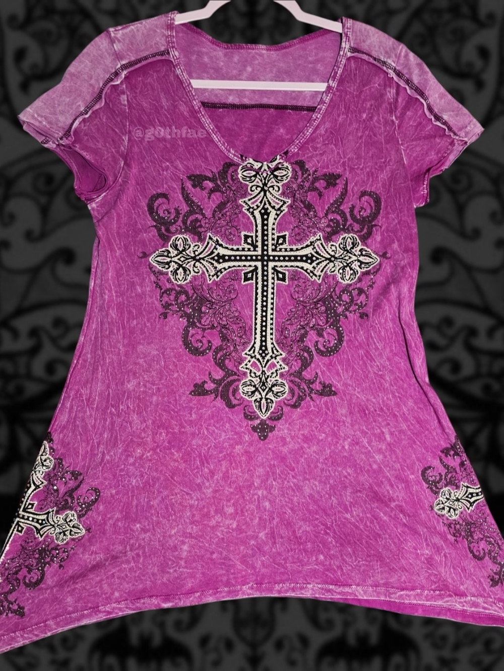 Fuchsia Acid Wash Cross Graphic V-Neck Short Sleeve Tunic With Rhinestones